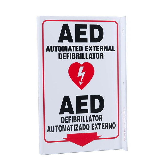 Zing Enterprises V and L Projecting Safety / Public Facility Sign, AED Bilingual, L-Shaped, Plastic, 2.5" W x 11" H x 8" D - 2627 - 1 Each