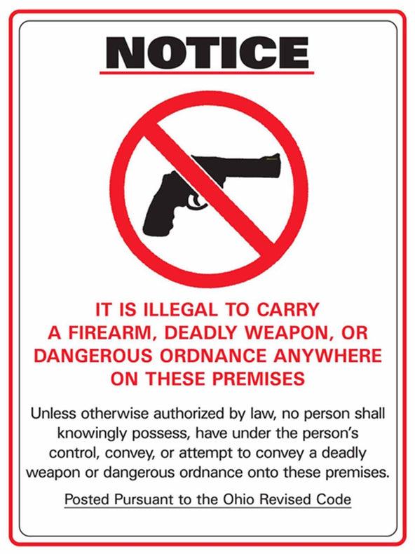 Zing Enterprises No Weapons Concealed Carry State Sign, Ohio, Plastic, 10" W x 14" H - 2805 - 1 Each