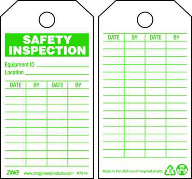 Zing Enterprises Safety Tag, Safety Inspection, Plastic, 3" W x 5.75" H - ZIG7014