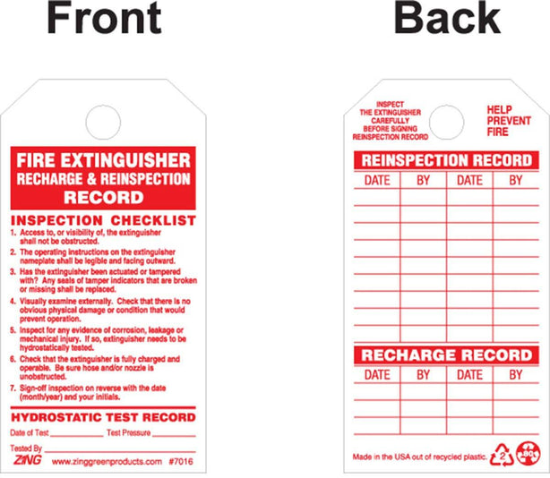 Zing Enterprises Safety Tag, Fire Extinguisher Recharge and Reinspection Record, Plastic, 3" W x 5.75" H - ZIG7016