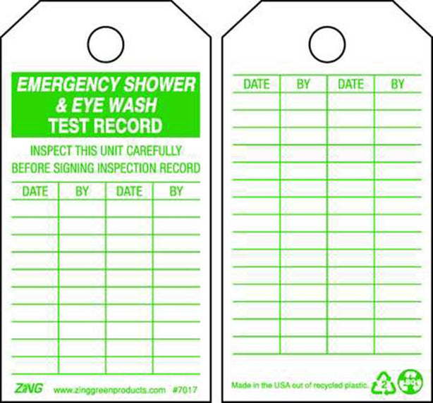 Zing Enterprises Safety Tag, Emergency Shower and Eye Wash Test Record, Plastic, 3" W x 5.75" H - ZIG7017