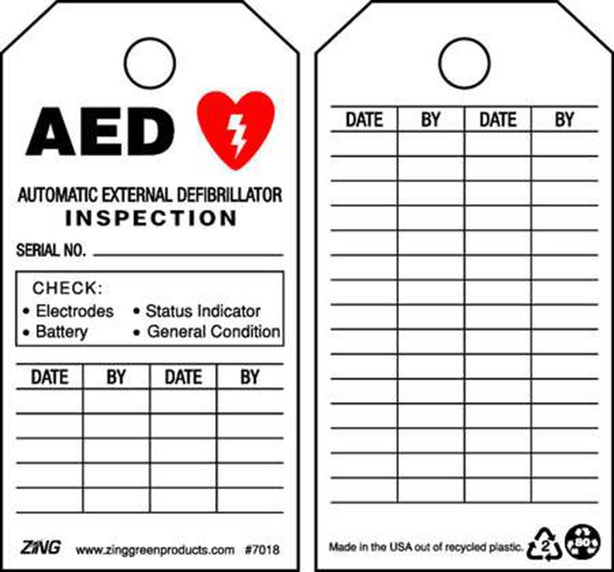 Zing Enterprises Safety Tag, AED Inspection, Plastic, 3" W x 5.75" H - ZIG7018